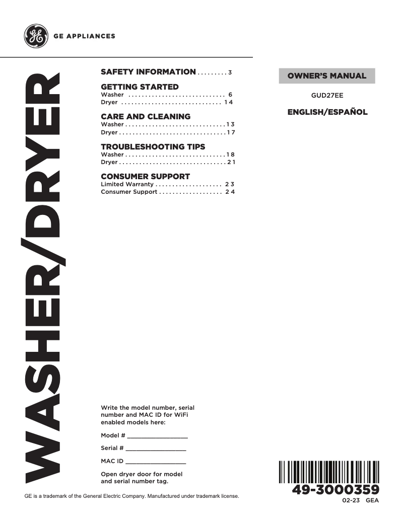Page 1 of the manual Use and Maintenance Manual GE GUD27EESNWW