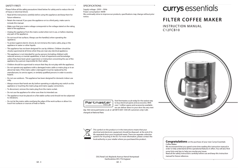 Page 1 of the manual User Manual Currys Essentials C12FCB10