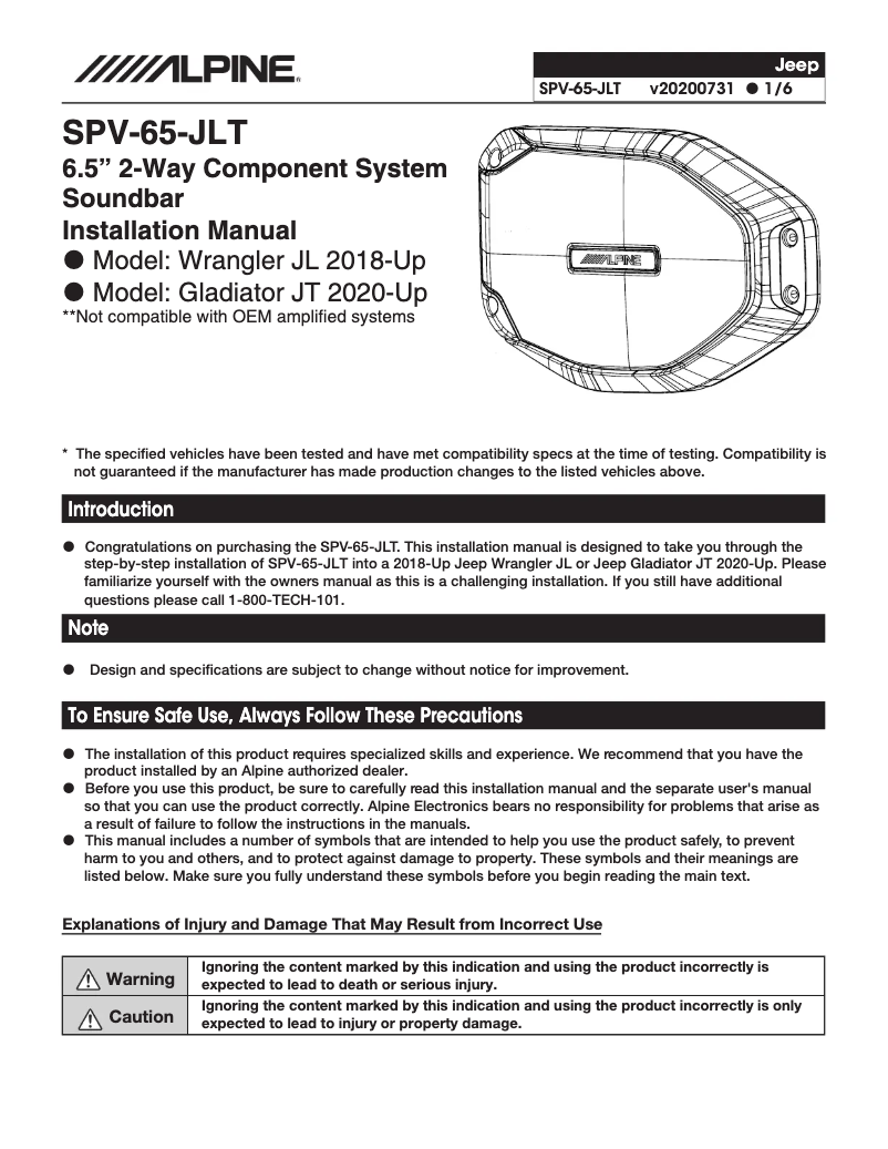 Page 1 of the manual Installation Guide Alpine SPV-65-JLT