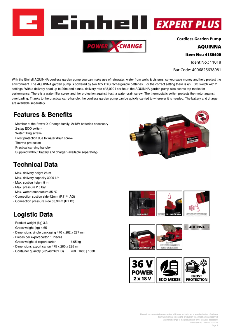 Page 1 of the manual Technical Sheet Einhell AQUINNA