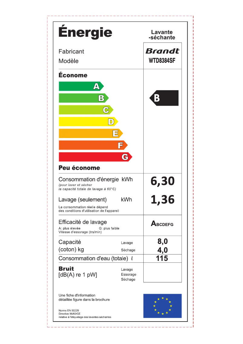 Page 1 of the manual Energy Label Brandt WTD8384SF