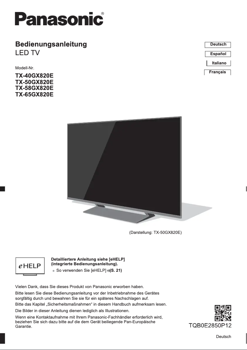 Page 1 of the manual Quick Start Guide Panasonic TX-40GX820E