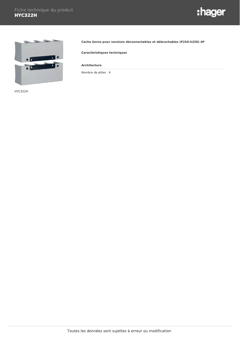 Page 1 of the manual Technical Sheet Hager HYC322H