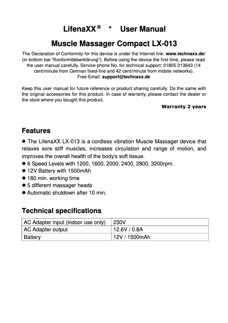 Page 1 of the manual User Manual Technaxx LX-013