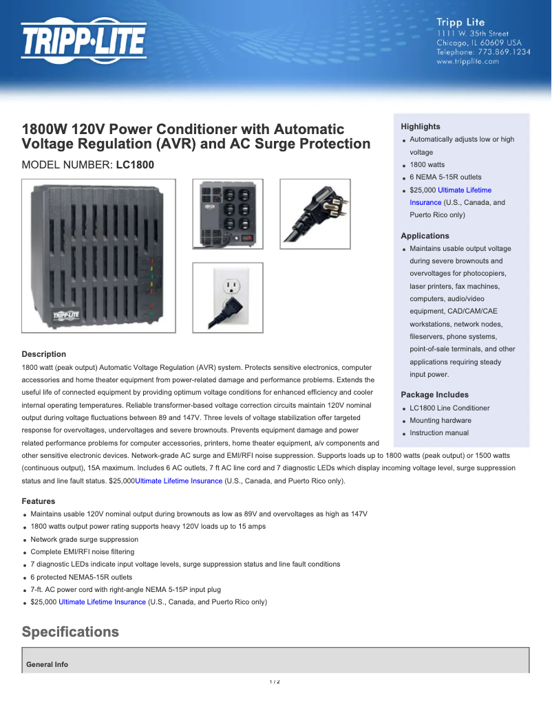 Page 1 of the manual User Manual Tripp Lite 1800W 120V Power Conditioner / AVR / Surge Protection