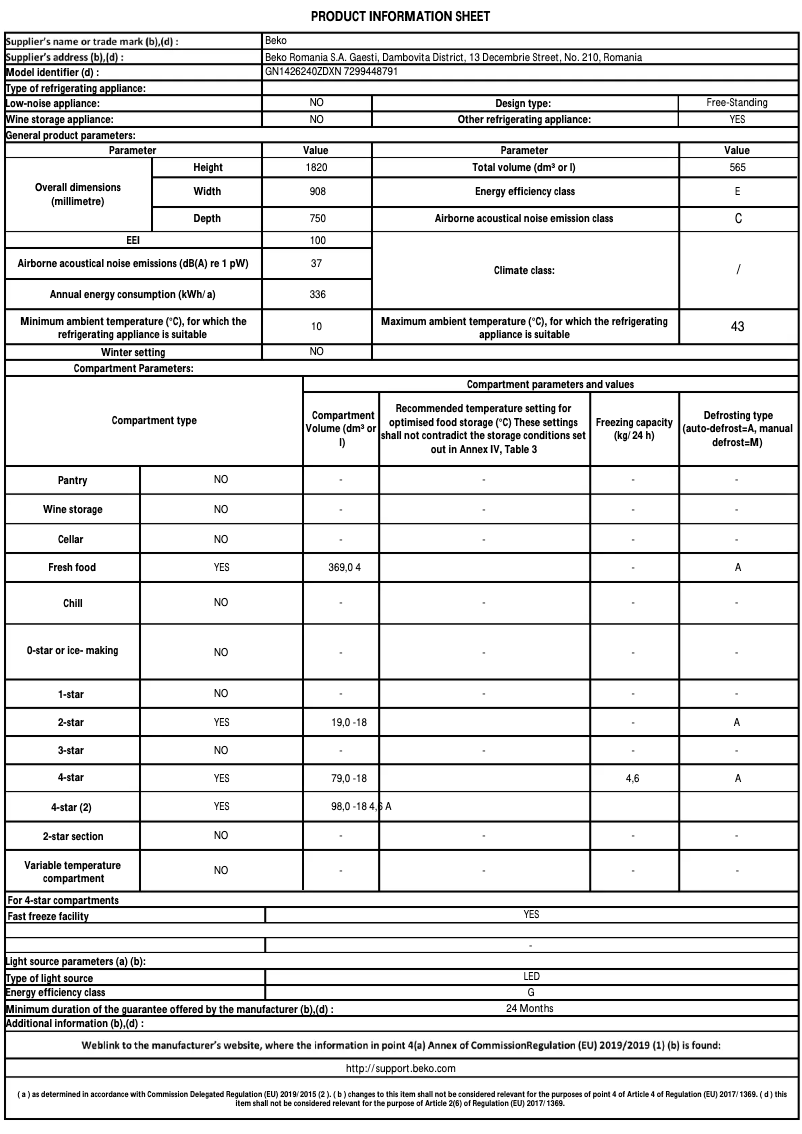 Page 1 of the manual Technical Sheet Beko GN1426240ZDXN