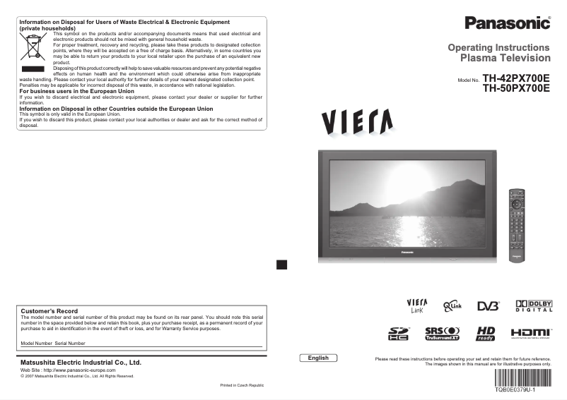 Page 1 of the manual User Manual Panasonic Viera TH-50PX700E