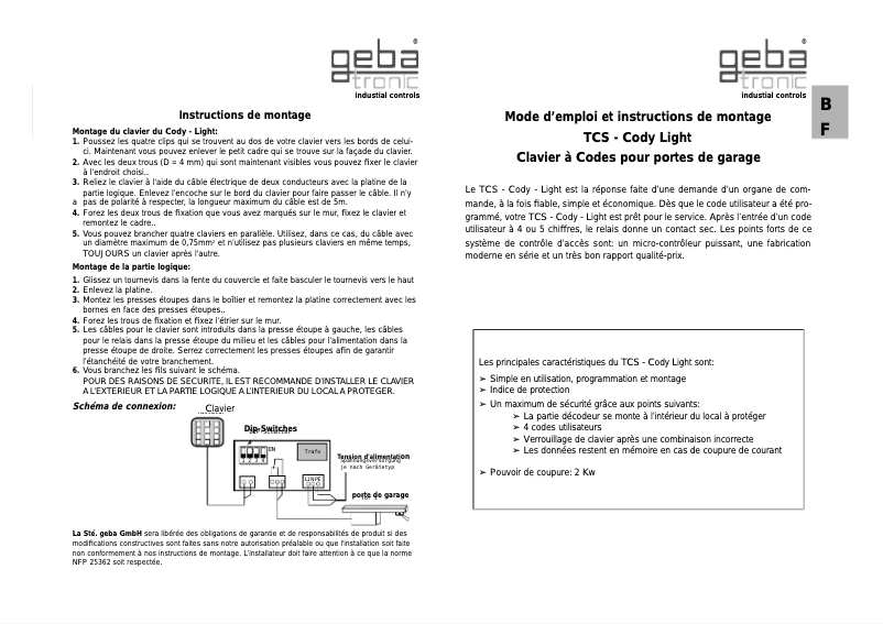 Page 1 of the manual User Manual Geba Tronic TCS - Cody - Light