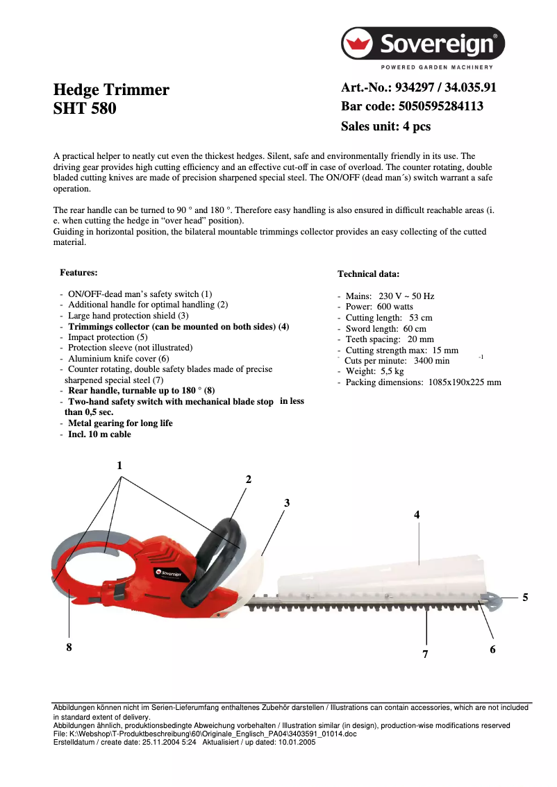 Page 1 of the manual Technical Sheet Sovereign SHT 580