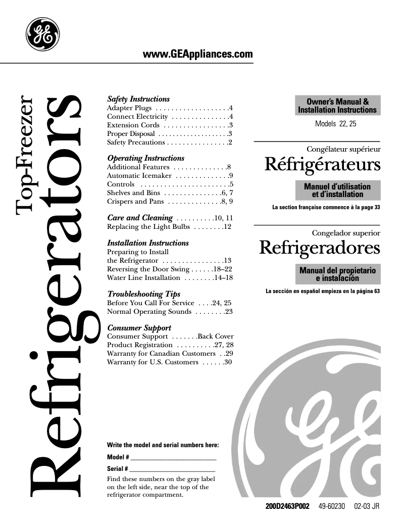 Page 1 of the manual Use and Maintenance Manual GE PTS22LBNWW