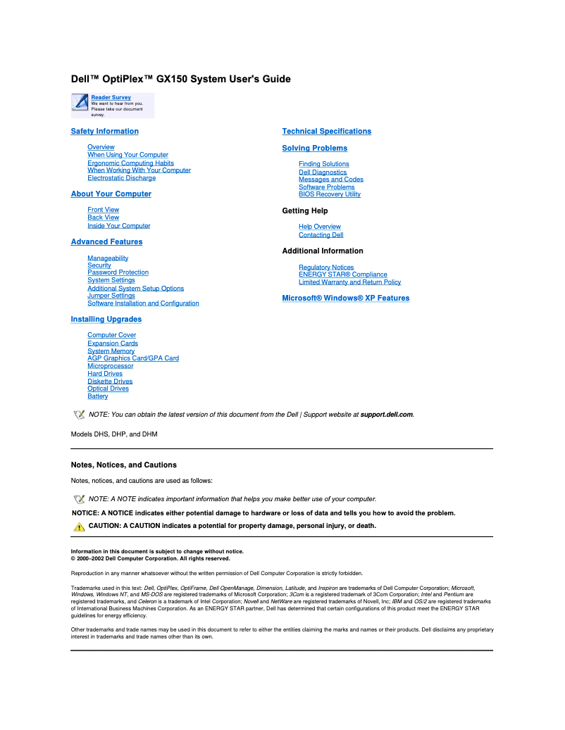 Page 1 of the manual User Manual Dell OptiPlex GX150