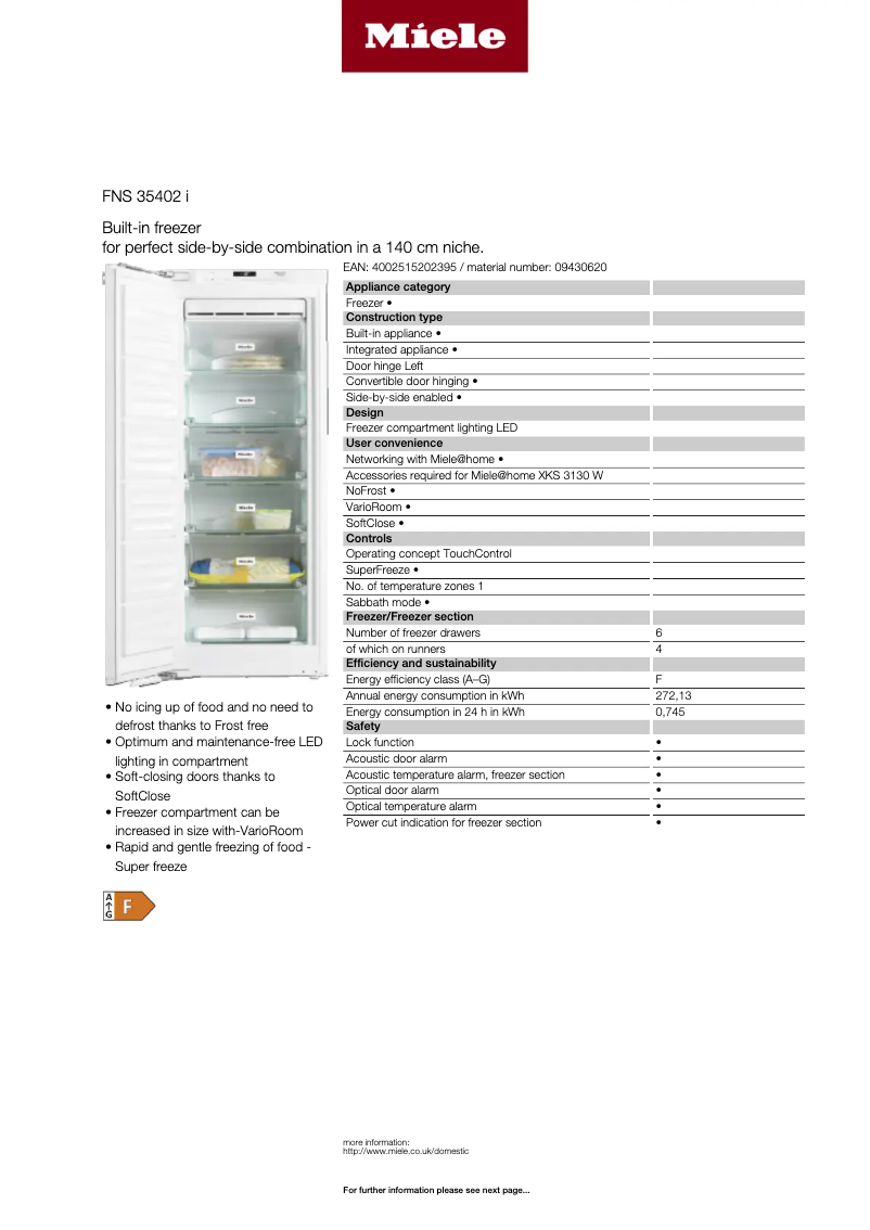Page 1 of the manual Technical Sheet Miele FNS 35402 I