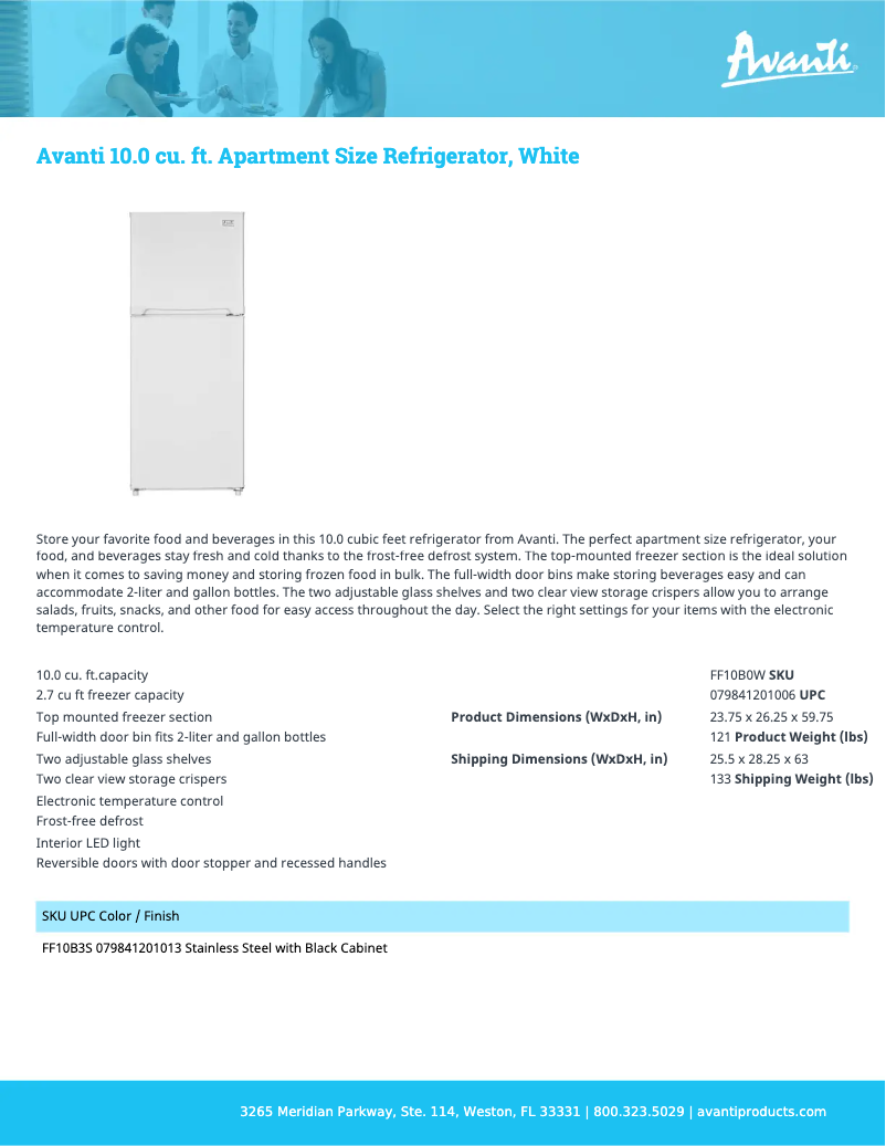Page 1 of the manual Technical Sheet Avanti FF10B0W