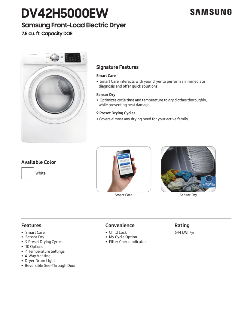 Page 1 of the manual Technical Sheet Samsung DV42H5000EW