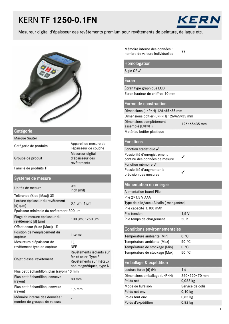 Page 1 of the manual Technical Sheet Sauter TF 1250-0.1FN