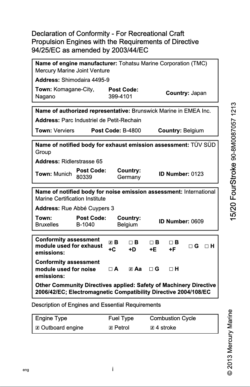 Page 1 of the manual User Manual Mercury 20 Fourstroke (2014)