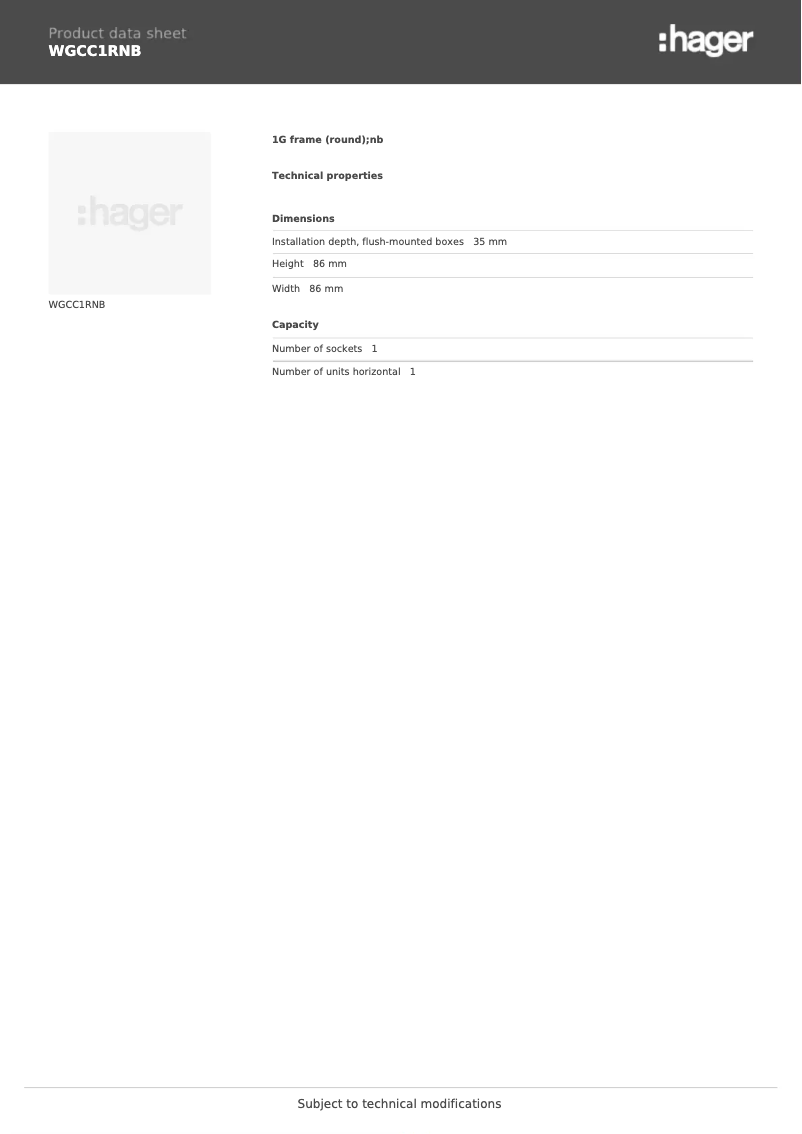 Page 1 of the manual Technical Sheet Hager WGCC1RNB