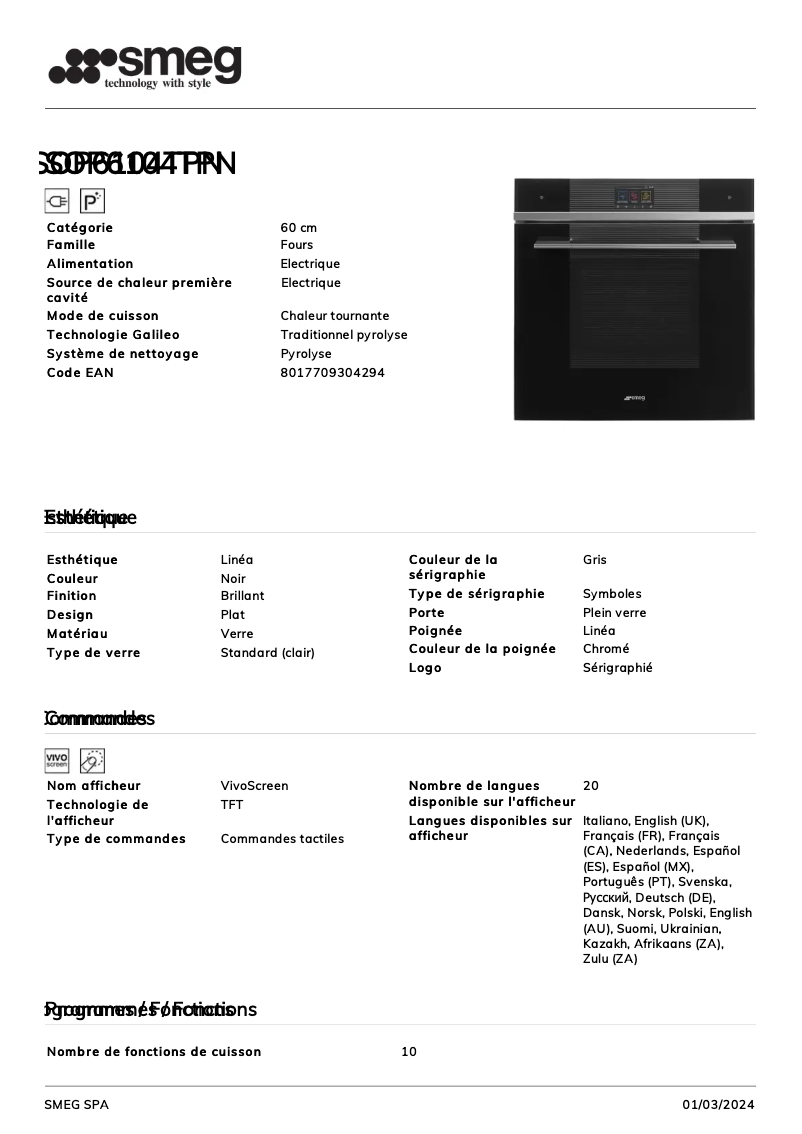 Page 1 of the manual Technical Sheet Smeg SOP6104TPN
