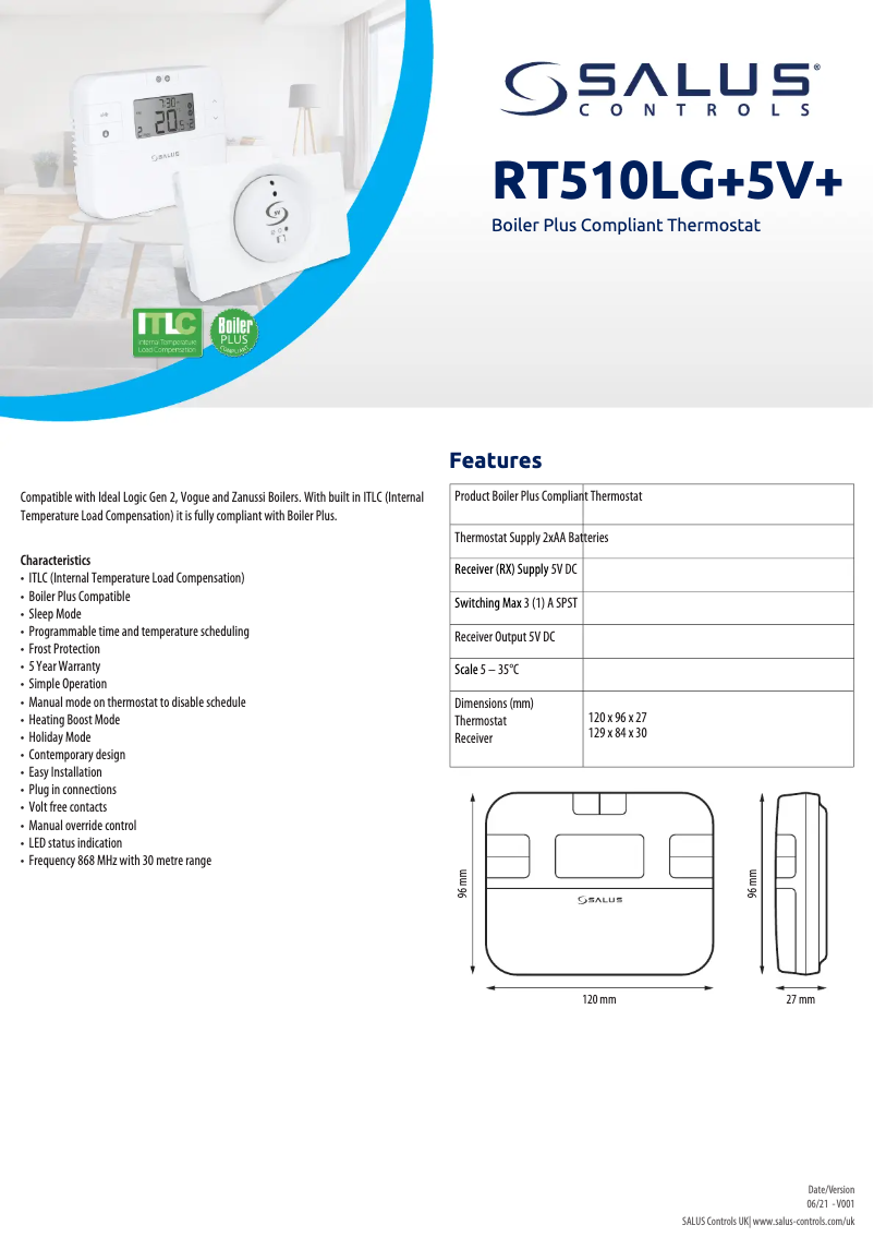 Page 1 of the manual Technical Sheet Salus RT510BC+