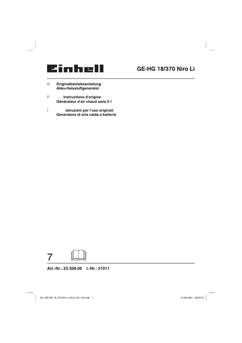 Page 1 of the manual User Manual Einhell GE-HG 18/370 Niro Li-Solo