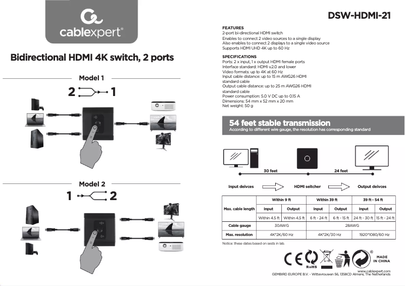Page 1 of the manual User Manual Cablexpert DSW-HDMI-21