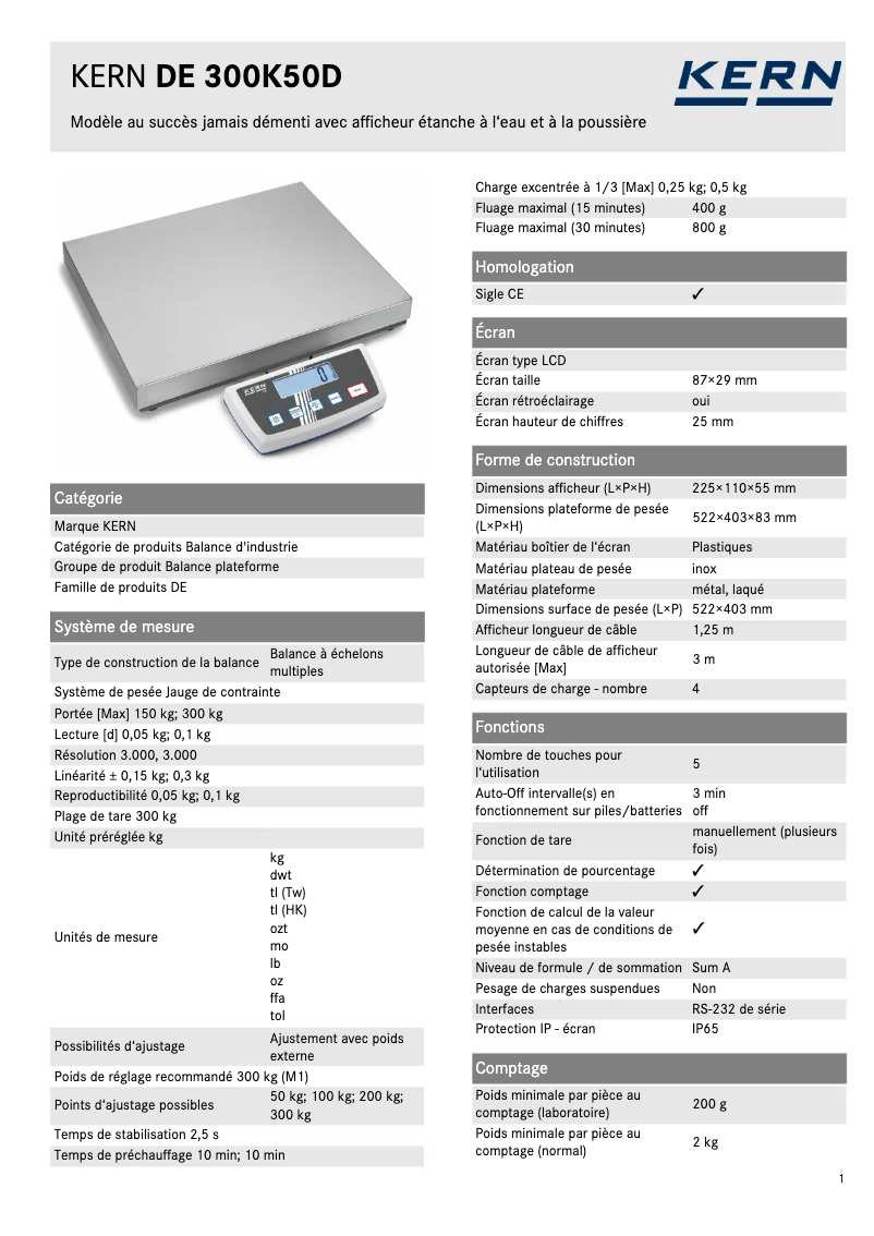 Page 1 of the manual Technical Sheet Kern DE 300K50D