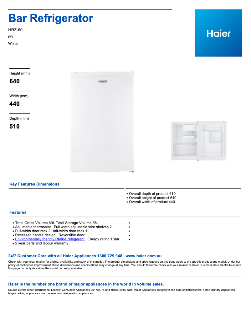 Page 1 of the manual Technical Sheet Haier HRZ-60