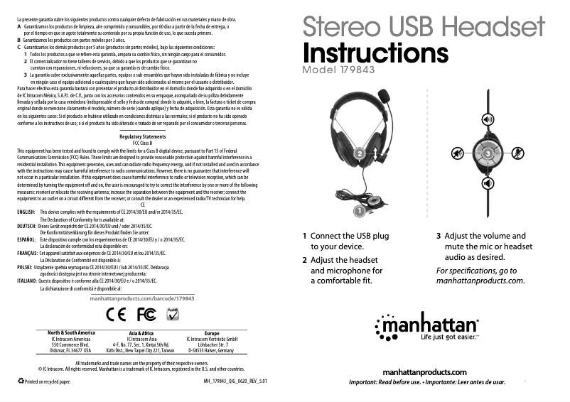 First page image of the manual for Stereo USB Headset 179843