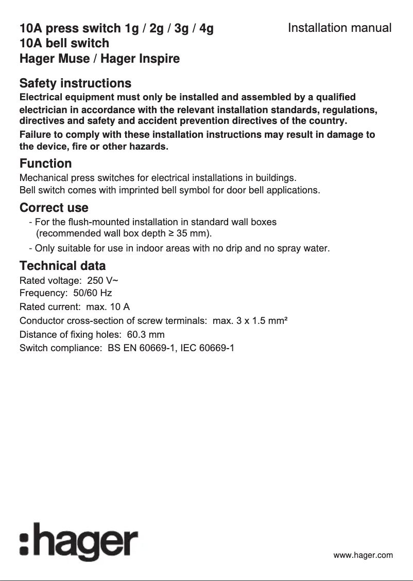 Page 1 of the manual User Manual Hager WGCL141P