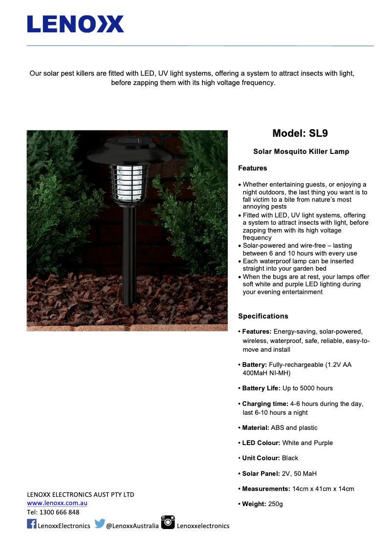 Page 1 of the manual Technical Sheet Lenoxx SL9