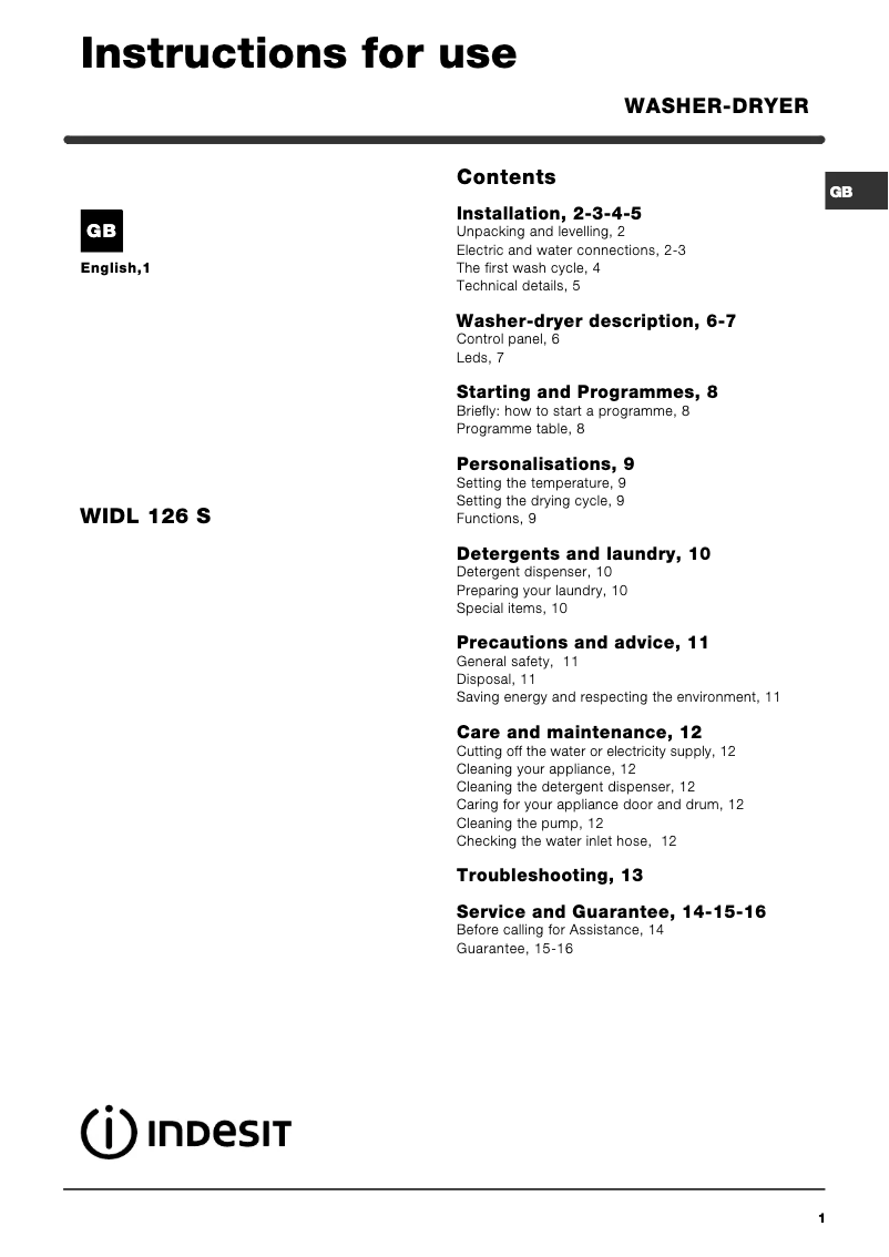 Page 1 of the manual User Manual Indesit WIDL 126 S (UK)
