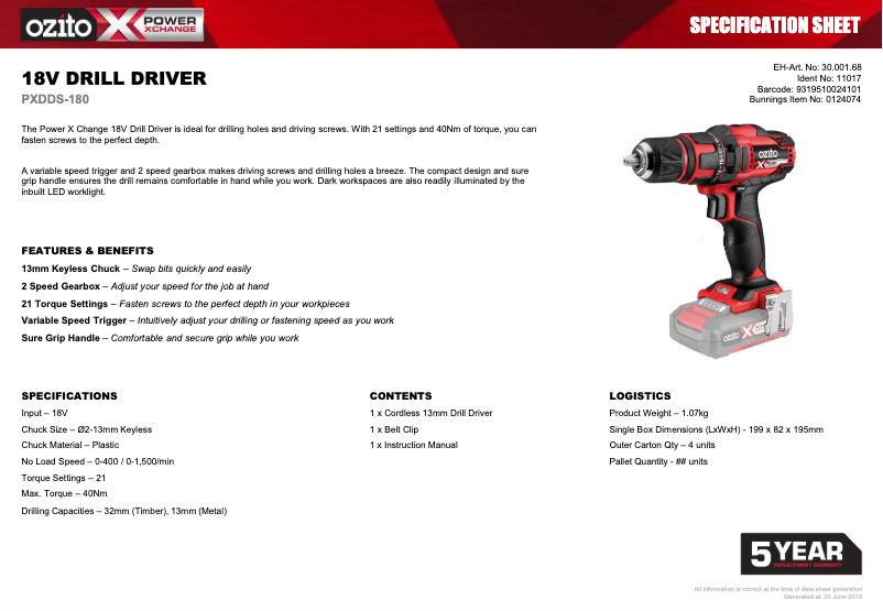 Page 1 of the manual Technical Sheet Ozito PXDDS-180