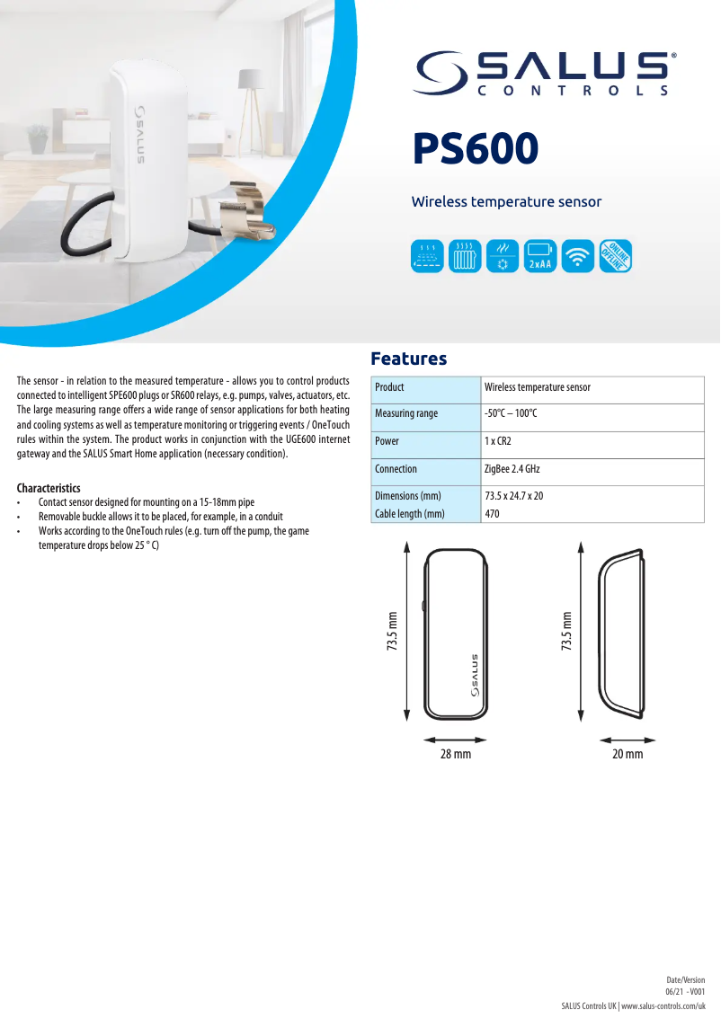 Page 1 of the manual Technical Sheet Salus PS600
