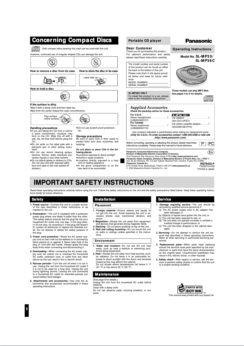 First page image of the manual for SL-MP36C