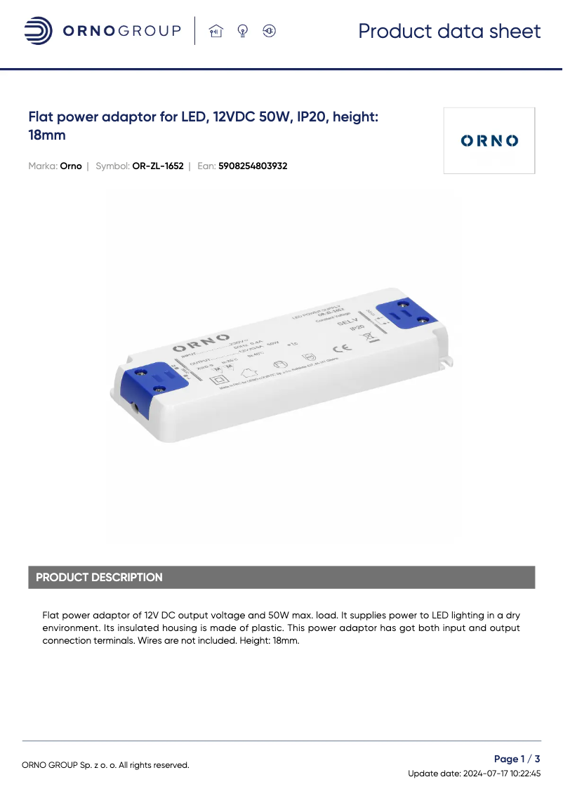 Page 1 de la notice Fiche technique ORNO OR-ZL-1652