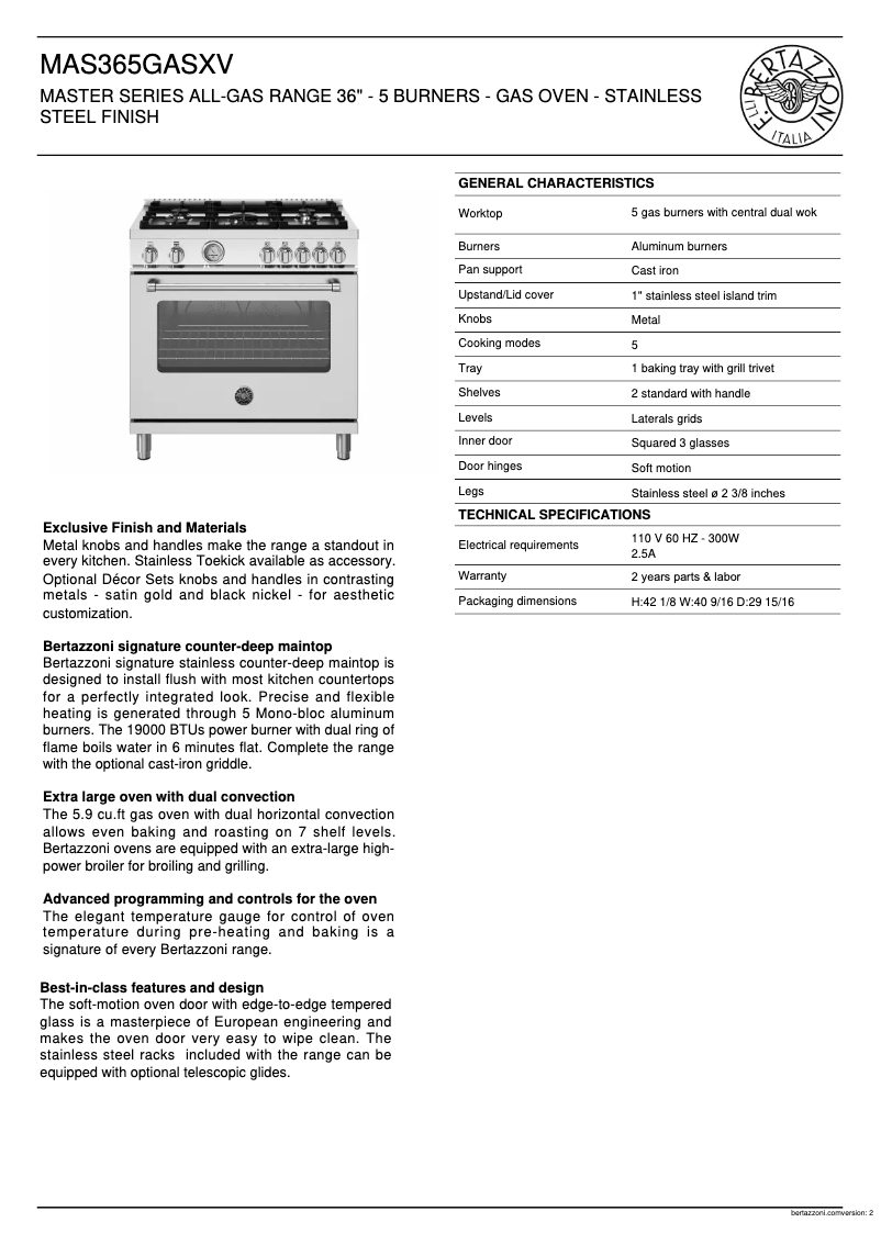 Page 1 of the manual Technical Sheet Bertazzoni MAS365GASXV