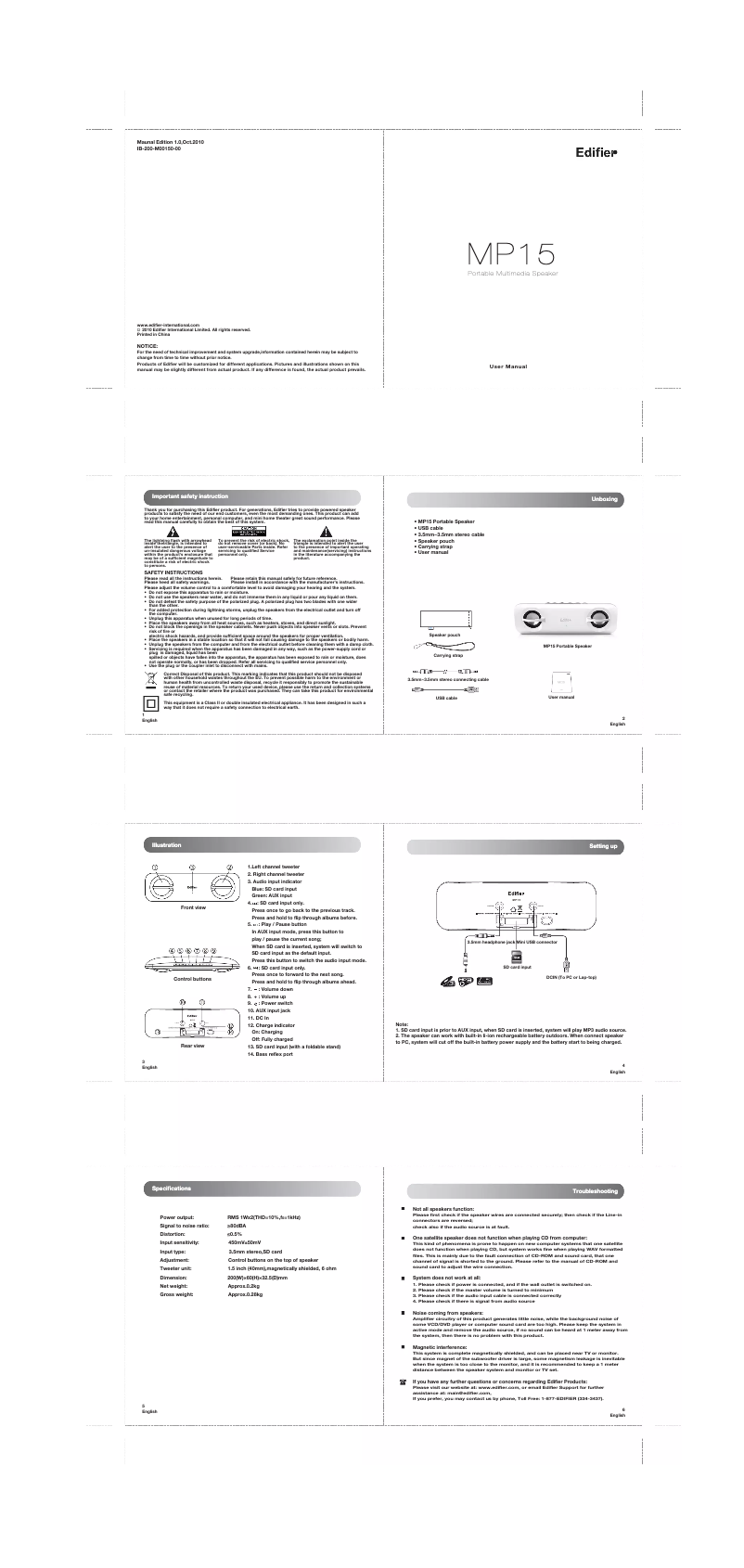 Page 1 of the manual User Manual Edifier MP15