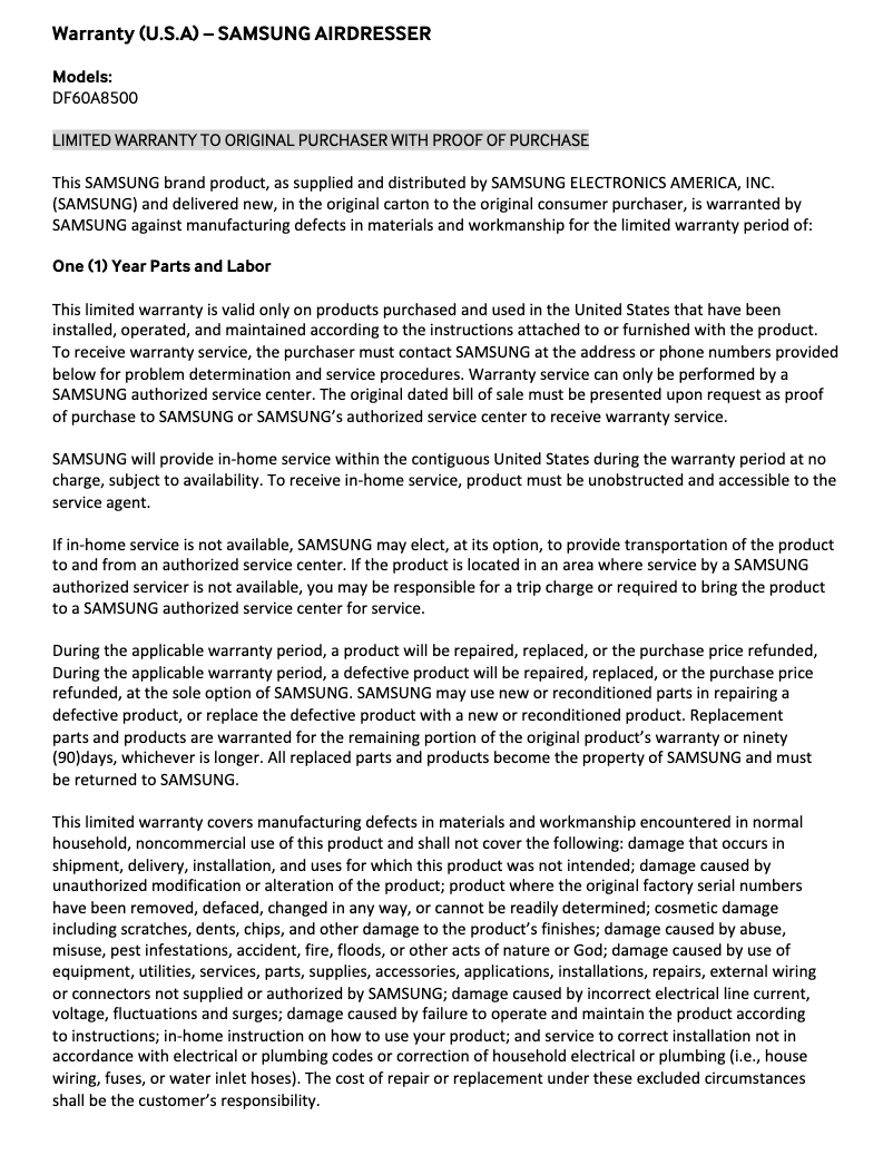 First page image of the manual for DF60A8500CG