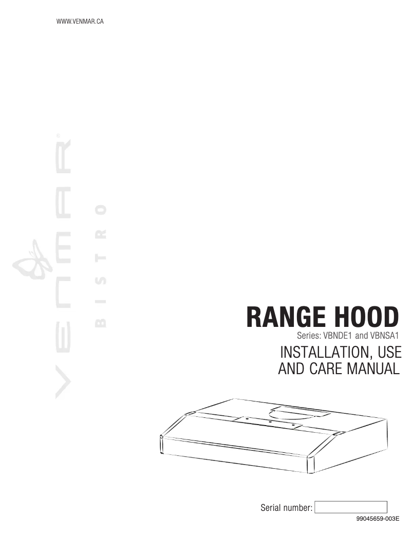 Page 1 of the manual Installation Guide Venmar Bistro VBNDE130WH