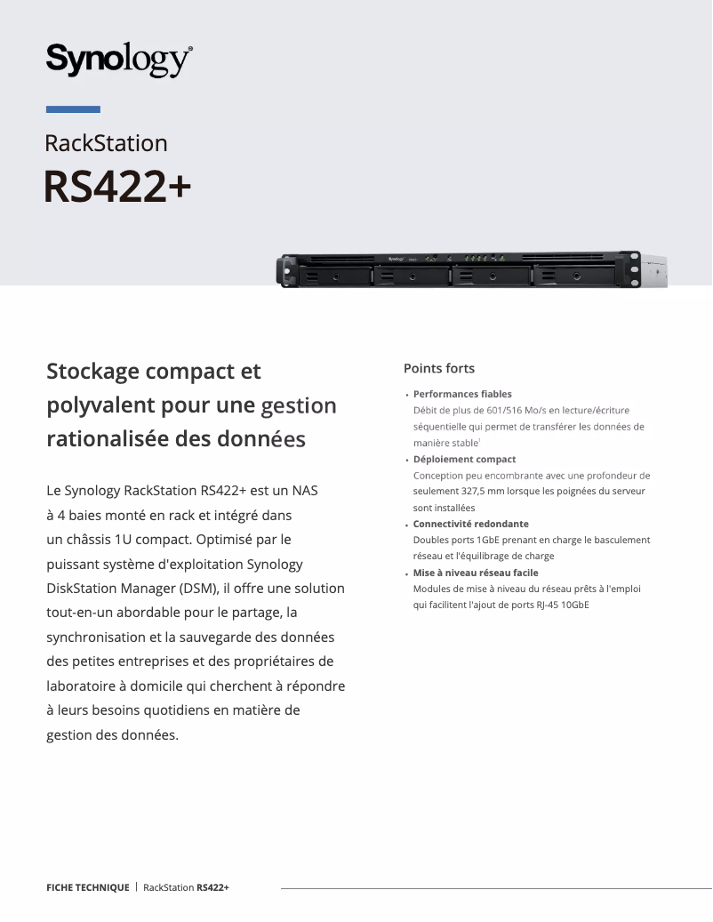 Page 1 of the manual Technical Sheet Synology RackStation RS422+