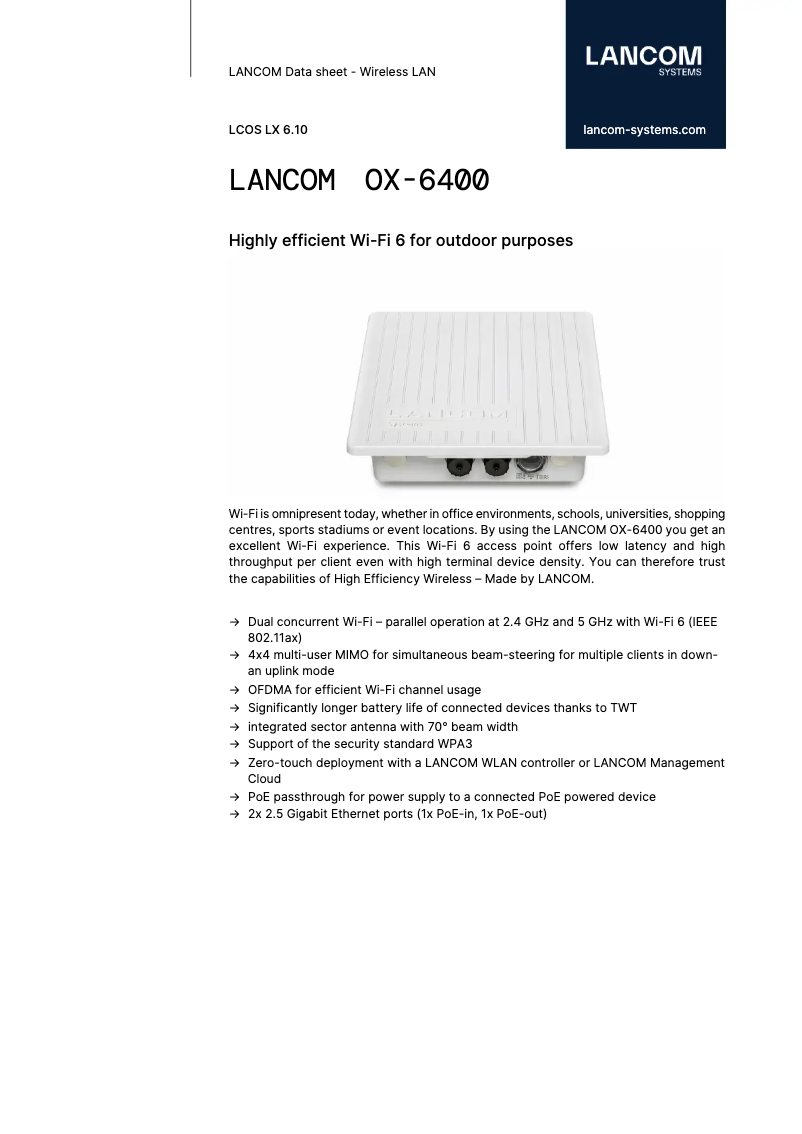 Page 1 of the manual Technical Sheet Lancom OX-6400