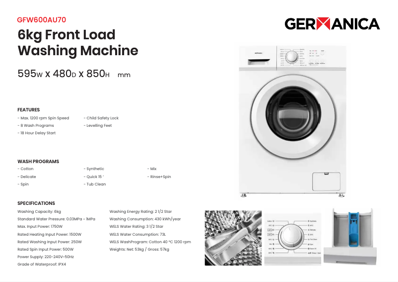 First page image of the manual for GFW600AU70