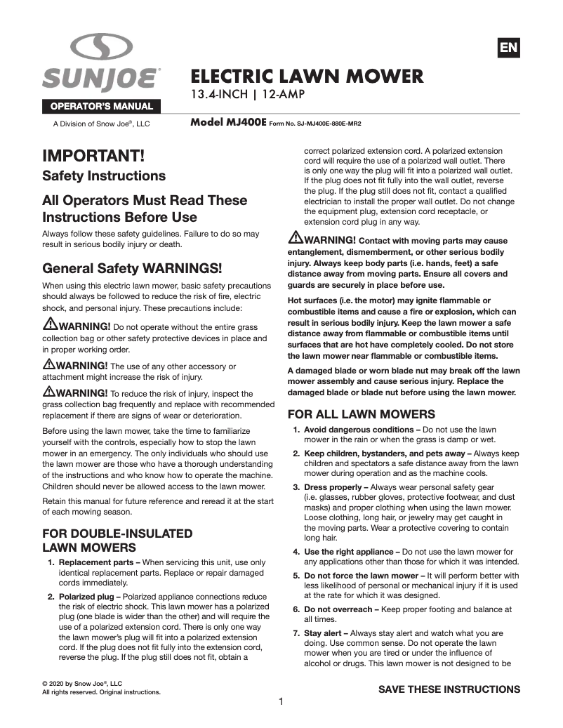 First page image of the manual for MJ400E