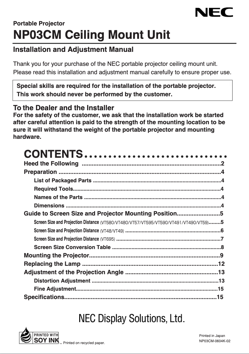 Page 1 de la notice Manuel utilisateur NEC NP03CM