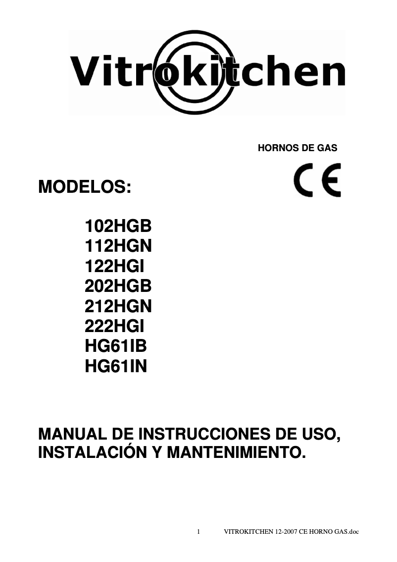 Page 1 of the manual User Manual Vitrokitchen 122HGI