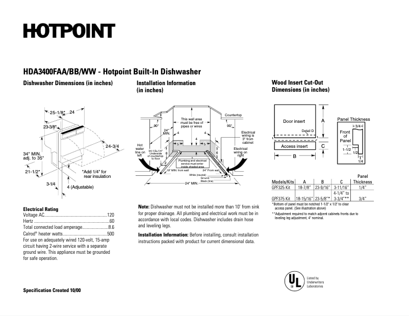 Page 1 of the manual Technical Sheet Hotpoint HDA3400FWW