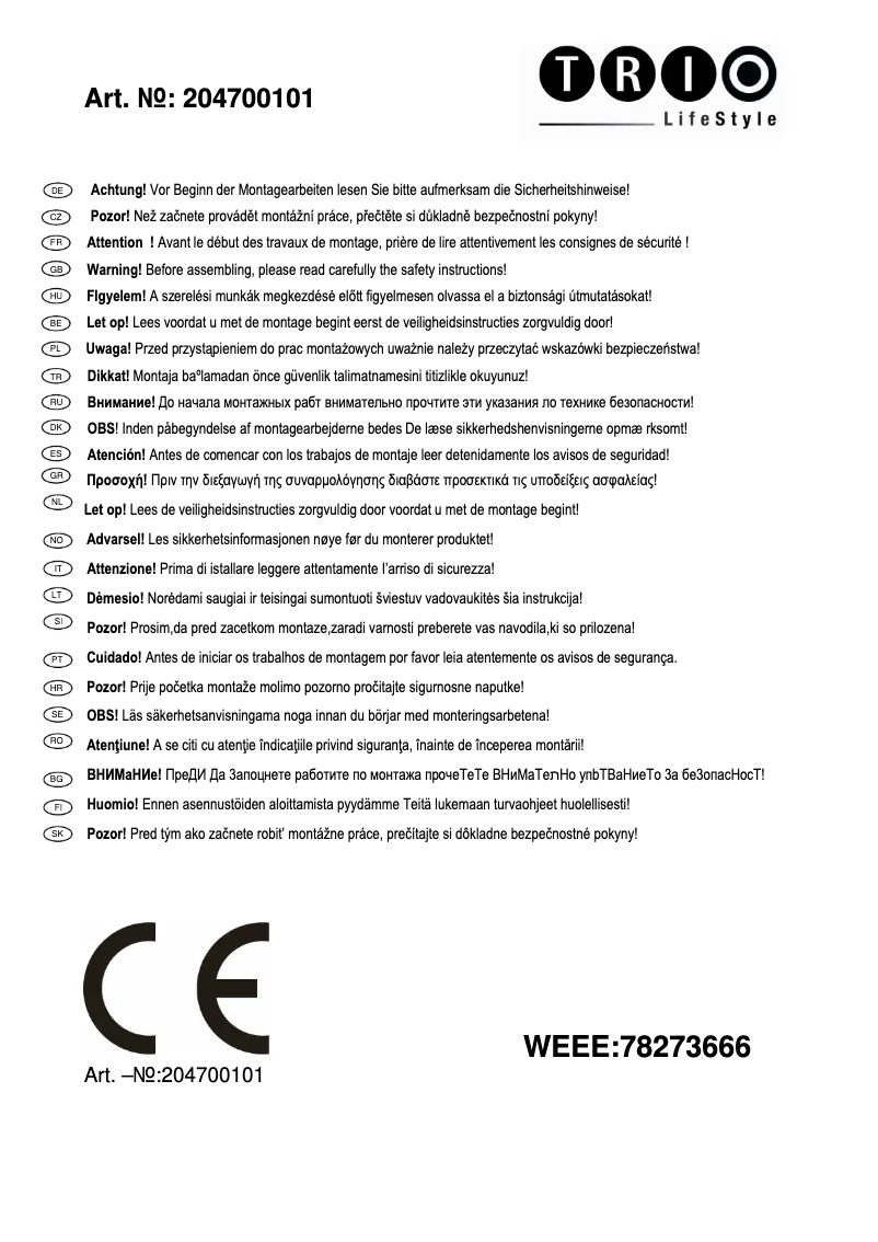 Page 1 of the manual User Manual Trio Lighting Toulon 204700101