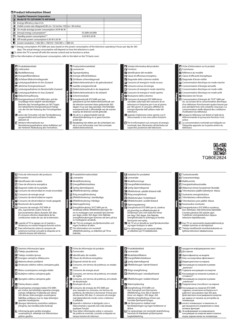 Page 1 of the manual Technical Sheet Panasonic TX-40FS400B
