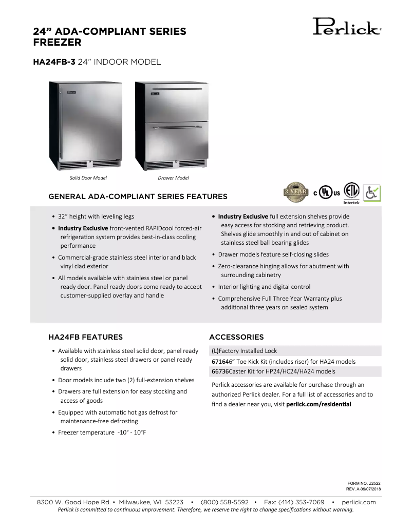 Page 1 of the manual Technical Sheet Perlick HA24FB-3-1L