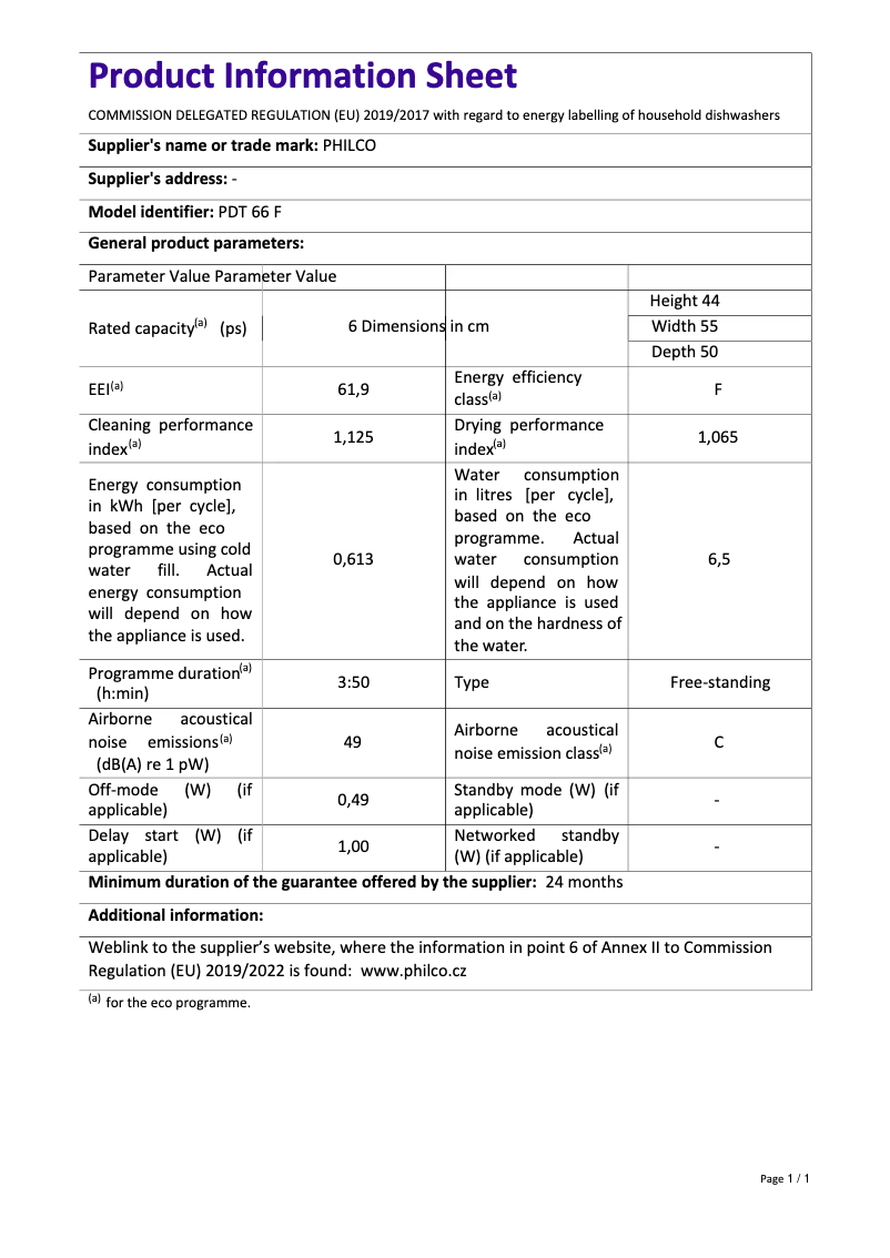 First page image of the manual for PDT 66 F